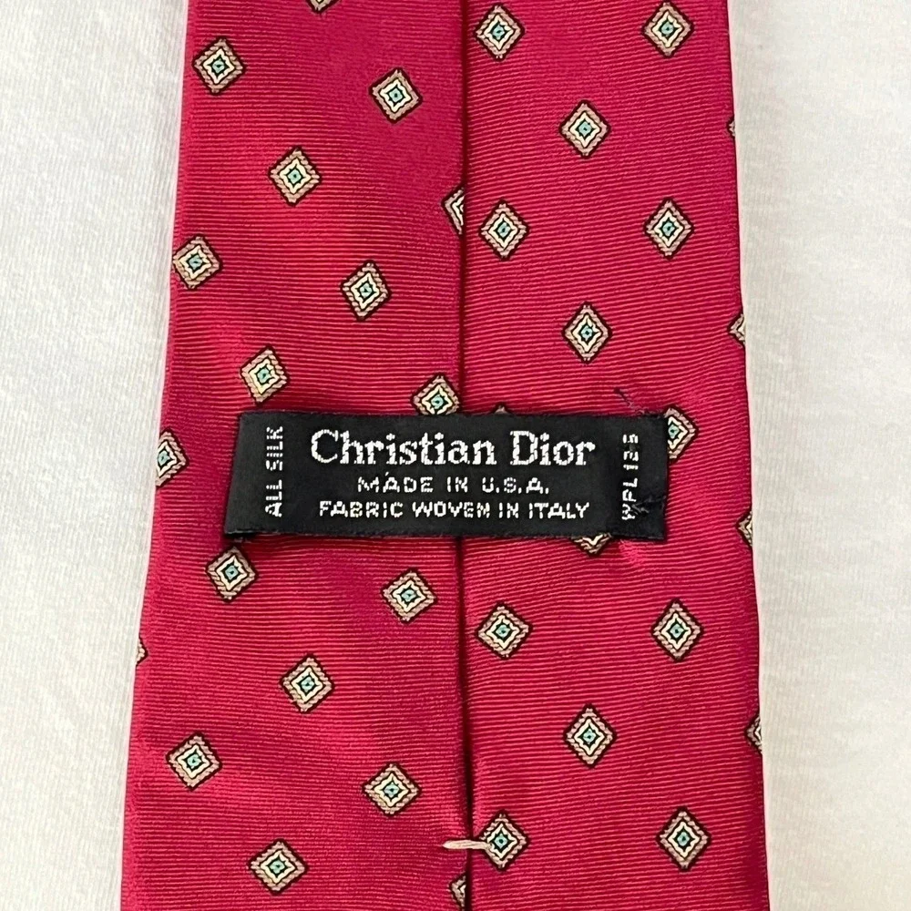 VTG Christian‎ Dior Silk Tie Burgundy Geometric Made in USA Fabric Woven Italy